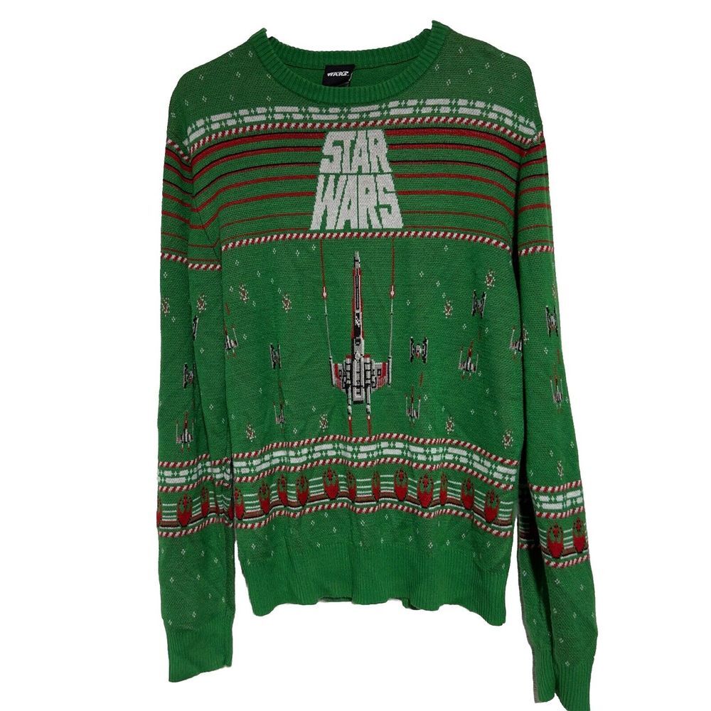 STAR WARS Genuine Trademark UGLY CHRISTMAS‎ SWEATER Men L Red Green X-wing tie